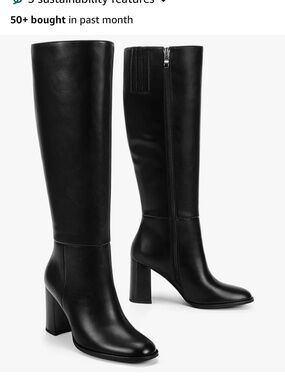 Classic Knee-High Black Leather Block-Heel Boots